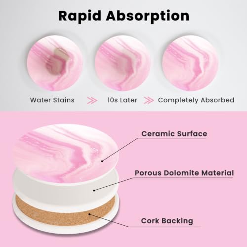 Pink Absorbent Coasters for Drinks Set of 4 with Gold Holder