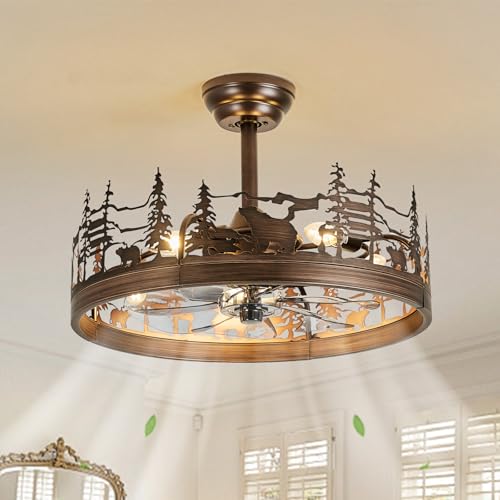 21 Inch Rustic Ceiling Fan with Light and Remote, Flush Mount Farmhouse Bladeless Fandelier, Forest Bear Pattern Chandelier Fan, DC Motor, 6 Speeds, Reversible, for Bedroom Living Room Cabin - color: Oil-Rubbed Bronze