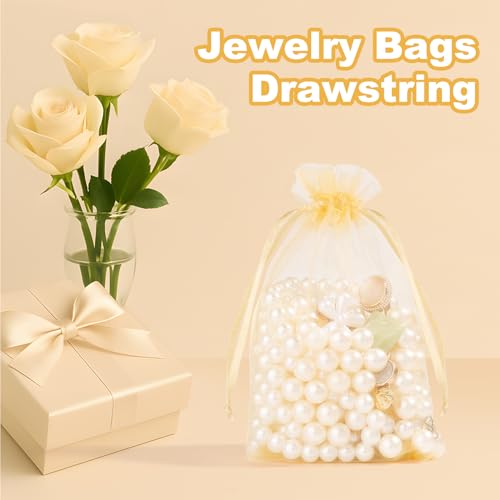 Crweety 50 Pcs Organza Bags 3x4, Gold Small Mesh Gift Bags Drawstring Bulk - color: Gold