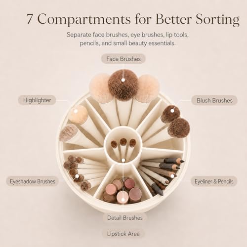 EACHY Makeup Brush Holder with Lid, Rotating Makeup Brush Organizer, Beige - color: Beige