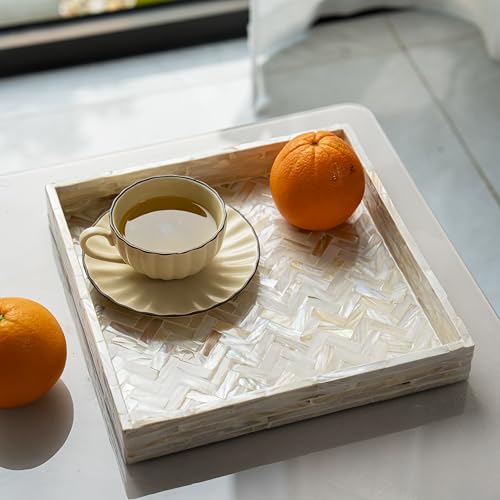 PEMAR 11" Square Mother of Pearl Decorative Tray - Herringbone Shell - color: Creamy White Herringbone