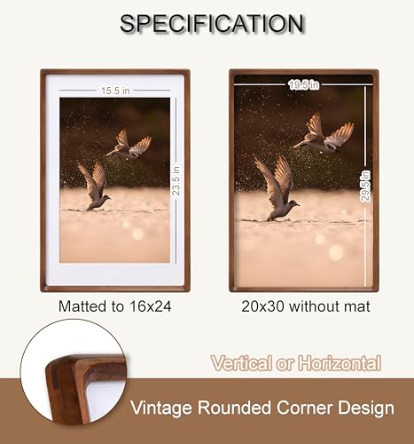 20x30 Picture Frame, USA-Sourced Natural Walnut Wood with Plexiglass, Handcrafted Rounded Corners, Matted to 16x24 Photo, Horizontal and Vertical Gallery Wall Poster Frame - color: Walnut, size: 20X30