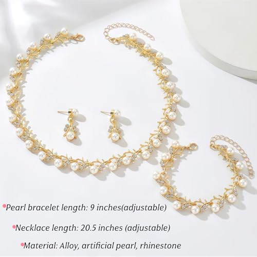 Pearl Bride Wedding Jewelry Set Faux Pearls Crystal Rhinestone Necklace Earrings Bracelet Sets for Women Bridesmaid(3 PCS) - color: Gold - Pearl