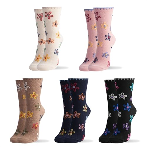 Womens Cotton Crew & Ankle Socks, Cute Floral Ruffle Colorful Tube Size 6-9 - color: Flower Print B