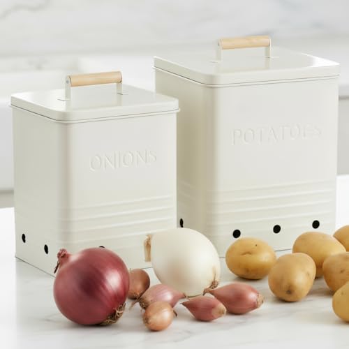 Beautiful Potato and Onion Storage Container Set - Food Safe Metal Bins - color: Cream