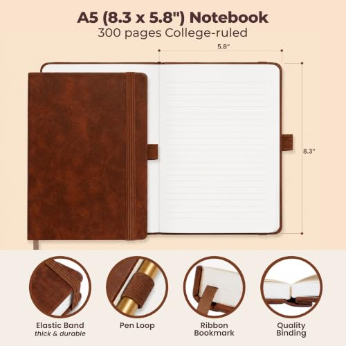 Lined Leather Bound Journal Notebook, A5 Hardcover Journals for Men & Women - color: Brown, size: A5 300 Pages