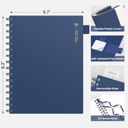 EMSHOI Lined Spiral Journal Notebook, 300 Pages, A5 Size (5.7'' x 8.2'') - color: Navy Blue, size: A5