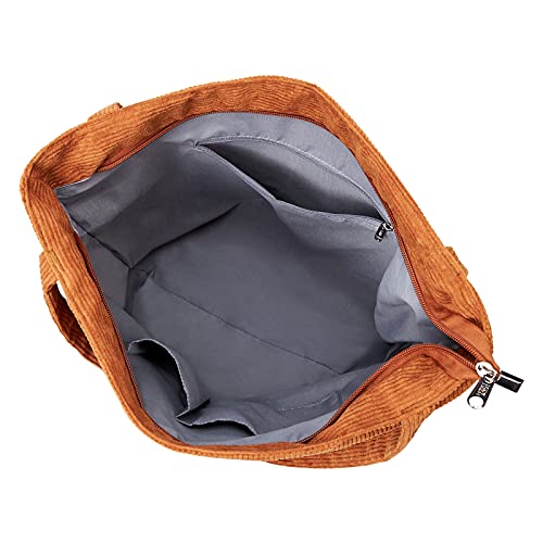 KALIDI Women Corduroy Tote Bag Zipper Casual Tote's Handbag Big Capacity Shoulder Bag with Pockets - color: Brown