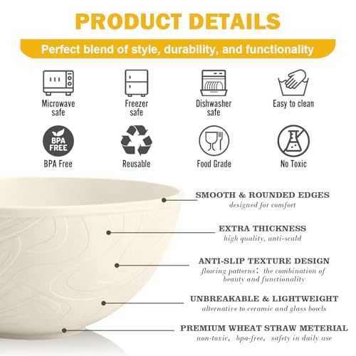 Unbreakable Wheat Straw Kitchen Cereal Bowl 40 OZ, Microwave & Dishwasher Safe Bowls, Alternative Plastic Bowls for Kitchen, Outdoors, RV, Camping, Patio, Set of 6, Beige - color: Beige, size: 40 OZ