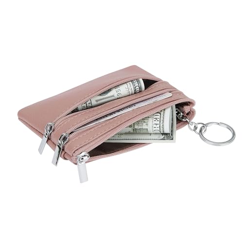 Women Genuine Leather Coin Purse Keychain Change Purse - color: Dark Pink