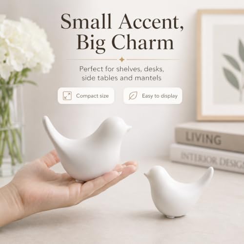 White Ceramic Bird Figurines and Statues, 2 Piece Bird Decor - color: White