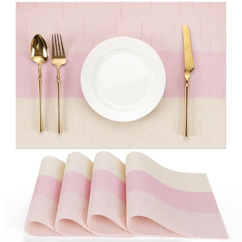 Placemats Set of 4, Vinyl Woven Heat-Resistant Place Mats - color: Beige Pink, size: Set of 4