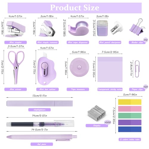 Mini Office Supply Kit, Mini Stapler with Staples and Tape Dispenser Set, Mini Stationary Kit Includes Sticky Notes Index Tabs Highlighters Gel Pens for Office & School Supplies (Purple) - color: Purple