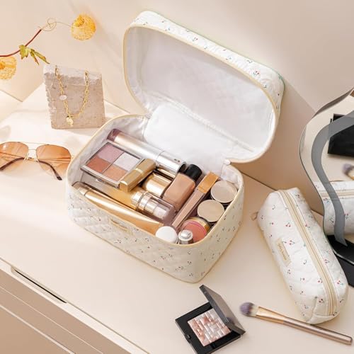 HBselect Quilted Makeup Bag, 3Pcs Cotton Large Travel Makeup Bags Organizer - color: A-3PCS-Cherry