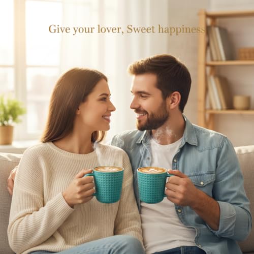15 oz Ceramic Coffee Mugs Set of 4, Waffle Embossed Coffee Mug, Turquoise - color: Turquoise-4PCS