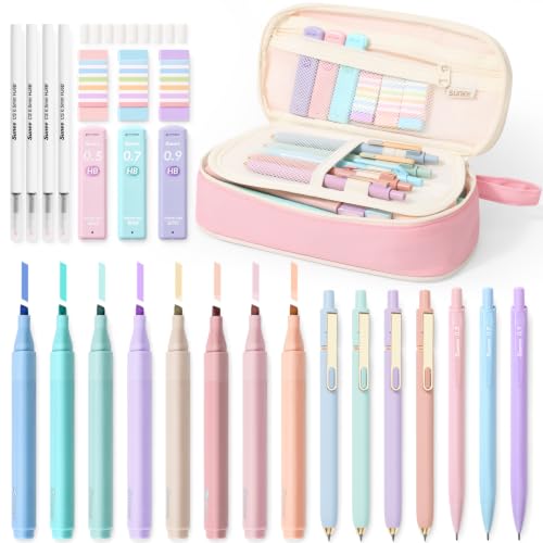 SUNEE Pencil Case with Supplies, 35PCS Aesthetic Stationery Set, Pink - color: Pink, style: 35 Pack