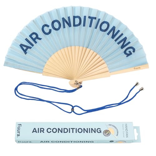 Fisura – Original folding fan with message “Air Conditioning”. Wooden handheld fan for women. Lightweight accessory for raves, weddings, parties, birthdays, festivals and unique gift ideas. - color: Air Condiditioning, Blue