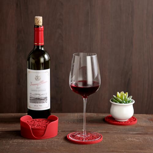 Colinda Silicone Coasters - Set of 6 with Holder, Non-Slip Cup Mats for Hot and Cold Drinks, Decorative Designs, Gift Ready Packaging,Merlot Red - color: Merlot Red
