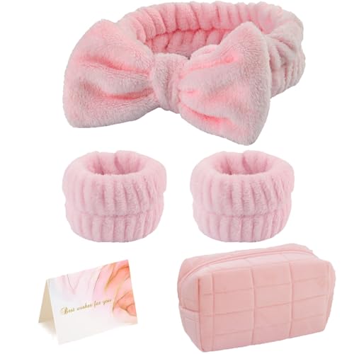 musejoy Skincare Face Wash Spa Headband and Wristband Set Quilted Makeup Bag Blank Cards Gifts for Women and Teen Girl Gifts Trendy Stuff spa headband and wristband set - color: Pink 5pcs-set