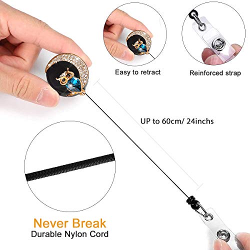 Crystal Badge Reel Retractable ID Holder with Cute Owl Moon Bling Design - color: Owl Moon