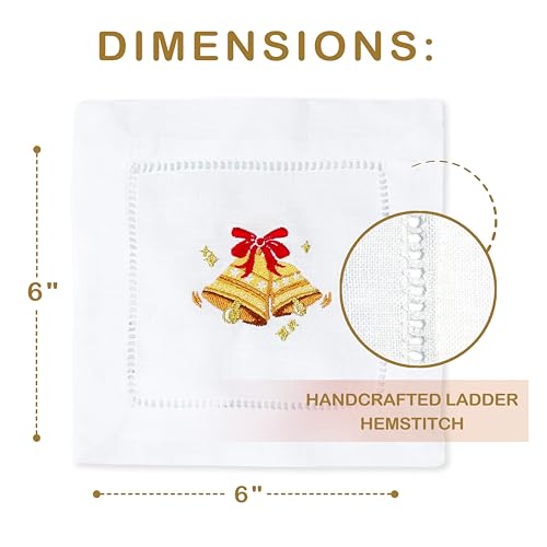 100% Linen Cocktail Napkins Set of 6 | Embroidered Christmas Bells 6"x6" Fabric Coaster for Kitchen Coffee Bar Xmas Party Events Reusable Ladder Hemstitch Jingle Bells Cloth Napkins Square - color: Jingle Bells