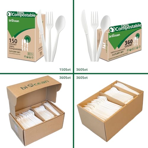 100% Compostable No Plastic Utensils - Heavy Duty Eco-Friendly Flatware for Lounge, Party, Wedding, BBQ, Picnic, Camping [Utensils Set, 360 Count] - size: Utensils Set 6.1-7IN