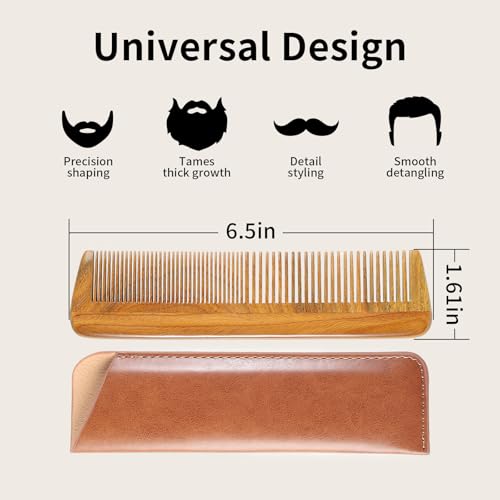 Onedor Handmade 100% Natural Green Sandalwood Wooden Comb for Men Hair, Beard, and Mustache Styling Pocket Comb With Leather Case (Long) - size: Long, style: Long