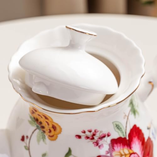 European Style Ceramic Flower Teapot Coffee Pot Water Pot Porcelain Gift Large 5.5 Cups (1, Blue and Red) - color: Blue and Red
