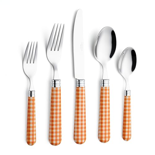 ANNOVA Silverware Set 20 Pieces Cutlery Stainless Steel Colorful Fun Handle Flatware Service for 4 - Dinner Knife, Dinner Fork, Salad fork, Dinner Spoon, Dessert Spoon (Checker Orange, 20 Pieces) - color: Checker Orange