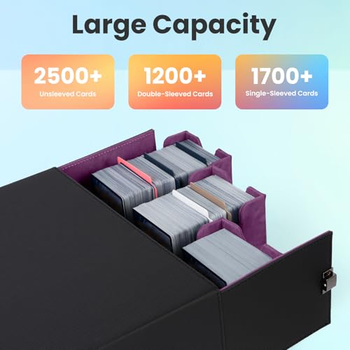 Trading Card Storage Box, 3-Row Deck Case with Handle, 2500+ Card Organizer with 8 Colorful Dividers & 3 Stoppers for MTG TCG PTCG Sports Card, Black & Purple - color: Black & Purple, size: 2500+, with Handle