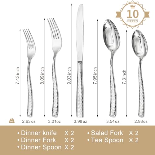 KINGSTONE Hammered Flatware Set, 10-Piece 18/10 Stainless Steel Silverware - size: 10-Piece