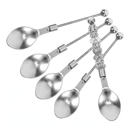 Veemoon Beadable Spoons, 5pcs Stainless Steel Dessert Spoon Stirring Dessert Ice Cream Spoons Teaspoon Powder Sugar Spoons Kitchen Utensils for DIY Craft Project Afternoon Tea Party Favors