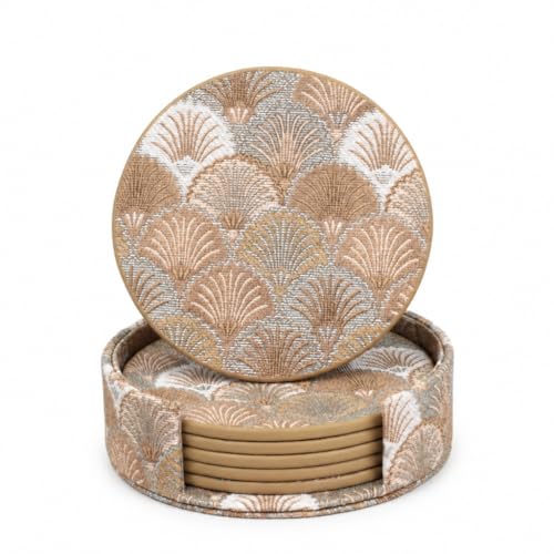 Art Deco Coasters Set of 6 with Holder, Beige - color: Beige