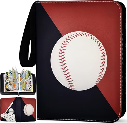 Baseball Card Binder 440 Pockets, 55 Sleeves Large Baseball Binder 3 Ring Zipper Trading Cards Holder 4 Pocket, Sport Card Collection Folder Book Storage Organizer, Album Case Protector Collector Gift - color: Red-Black, size: 440 Pockets