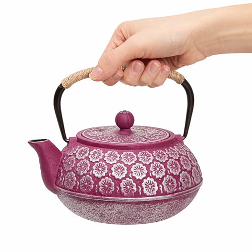 Juvale Cast Iron Tea Kettle with Infuser - Stovetop Brewing & Heat Retention - Floral Purple Cast Iron Teapot - Built-In Loose-Leaf Tea Infuser Pot - 34 oz, Medium - color: Purple, size: Medium
