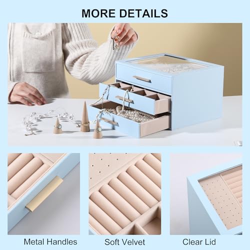 Frebeauty Jewelry Box for Women,Clear Lid Jewelry Organizer with 3 Drawers - color: Sky Blue, size: 3 Drawer