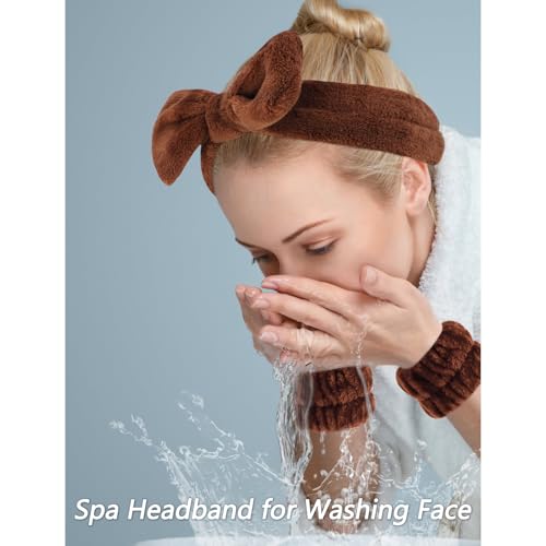 VELSCRUN Spa Headbands for Wash Face, Makeup Headband, Facial Skincare Headbands, 5 Pcs Dark Brown Puffy Sponge Spa Headband Bow Tie Hair Band Hair Clips Wristband Set Women Girls Accessories - color: Dark Brown