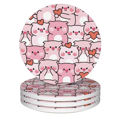 Drink Coasters Set of 4,Cute Pig with Heart Coasters for Drinks Ceramic Coasters with Cork Bottom for Kinds of Mugs and Cups,Home Decor,4'' - color: Cute Pig With Heart