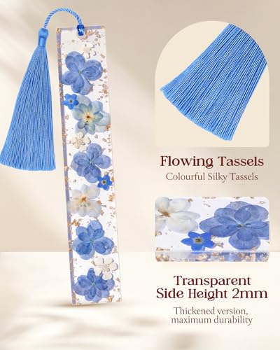 Buleens 2PCS Bookmarks for Women - Pink Blue Book Marks for Readers Book Lovers, Personalized Handmade Dried Flower Resin Pressed Flowers Bookmark with Tassels, Pretty and Aesthetic - color: Pink Blue