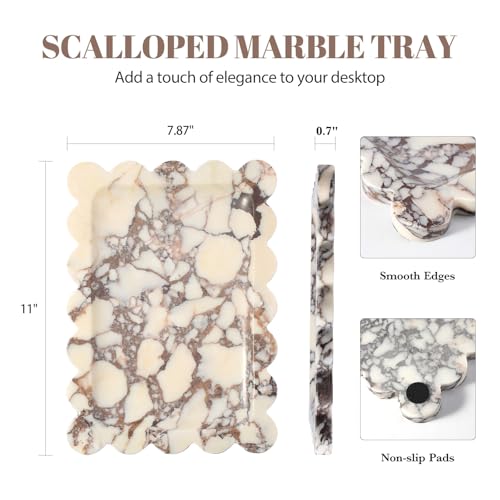 Koville Luxury Calacatta Viola Marble Tray, 11"x8" Scalloped Marble Vanity Tray for Countertop Bathroom Kitchen Dresser, Natural Stone Tray for Jewelry Perfume Home Decor, Decorative Catchall Tray - color: Calacatta, size: 11" x 7.9" x 0.7"
