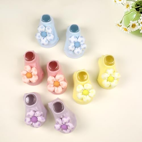 4Packs Baby Girls Socks,Flower Non-Slip Grips for Babies Toddler Princess - color: Purple Yellow Pink Light Bule