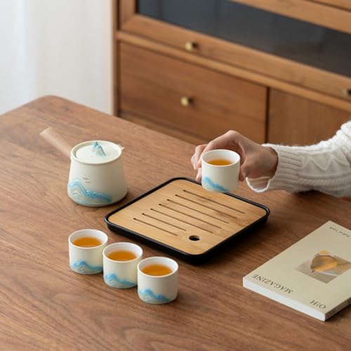 Portable Chinese Tea Set with Carry Bag - White Complete Gongfu Teapot Set Includes Side Handle, 4 White Cups,Tea Tray & Strainer, Artistic Travel Teapot Kit for Camping, Office, Home & Gifts - color: White Side-Handle Teapot Set