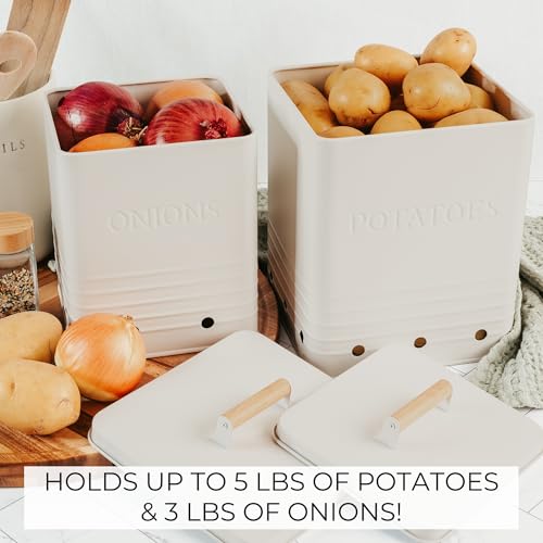 Beautiful Potato and Onion Storage Container Set - Food Safe Metal Bins - color: Cream