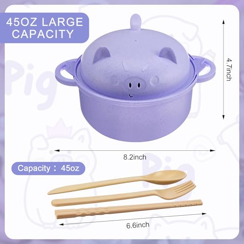 1 Set Large 45oz Cute Pig Ramen Bowl Set Microwavable Cooker, Purple - color: Purple