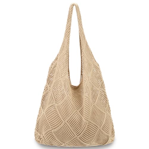 hatisan Crochet Bag for Women, Handmade Knit Beach Tote Bag Summer - color: Light Khaki