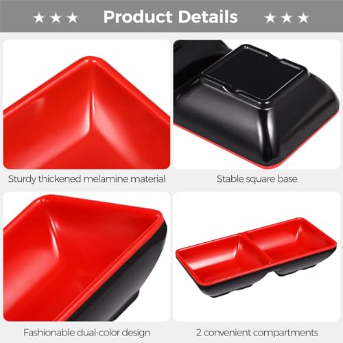 30 Pack Black & Red Divided Serving Dishes - Dual Compartment Melamine Appetizer Plates for Sushi, Condiments & Party Snacks, Restaurant-Grade Dip Bowls Set