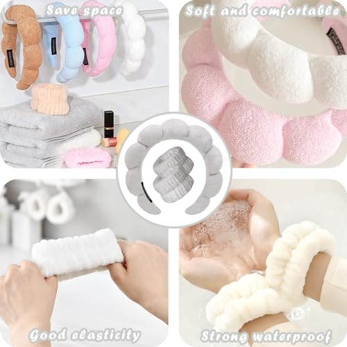 Spa Headbands for Washing Face Wristband Set Sponge Makeup Skincare Headband Wrist Towels Bubble Soft Terry Towel Cloth Hairband for Women Puffy Headwear Non Slip Thick Thin Hair Headwear (Gray) - color: Gray