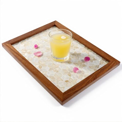 42x32CM White Rectangle Mother of Pearl Inlay Serving Tray with Wood Border - color: White Floral