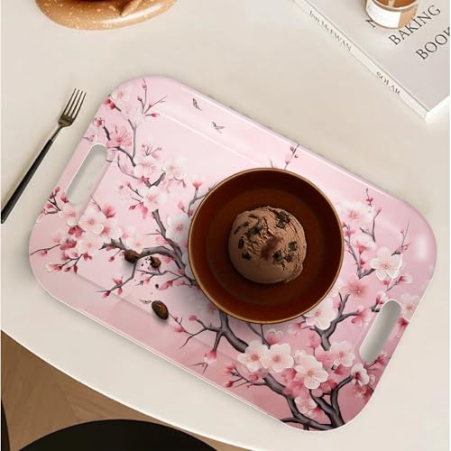 Serving Trays with Handles, 14.5 x 9.8 inch Rectangular Plastic Tray for Restaurant, Kitchen, Pink Cherry Blossom - color: Pink Cherry Blossom