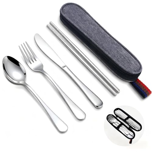5 Piece Travel Utensils Set With Case, Stainless Steel, Silver - color: Silver
